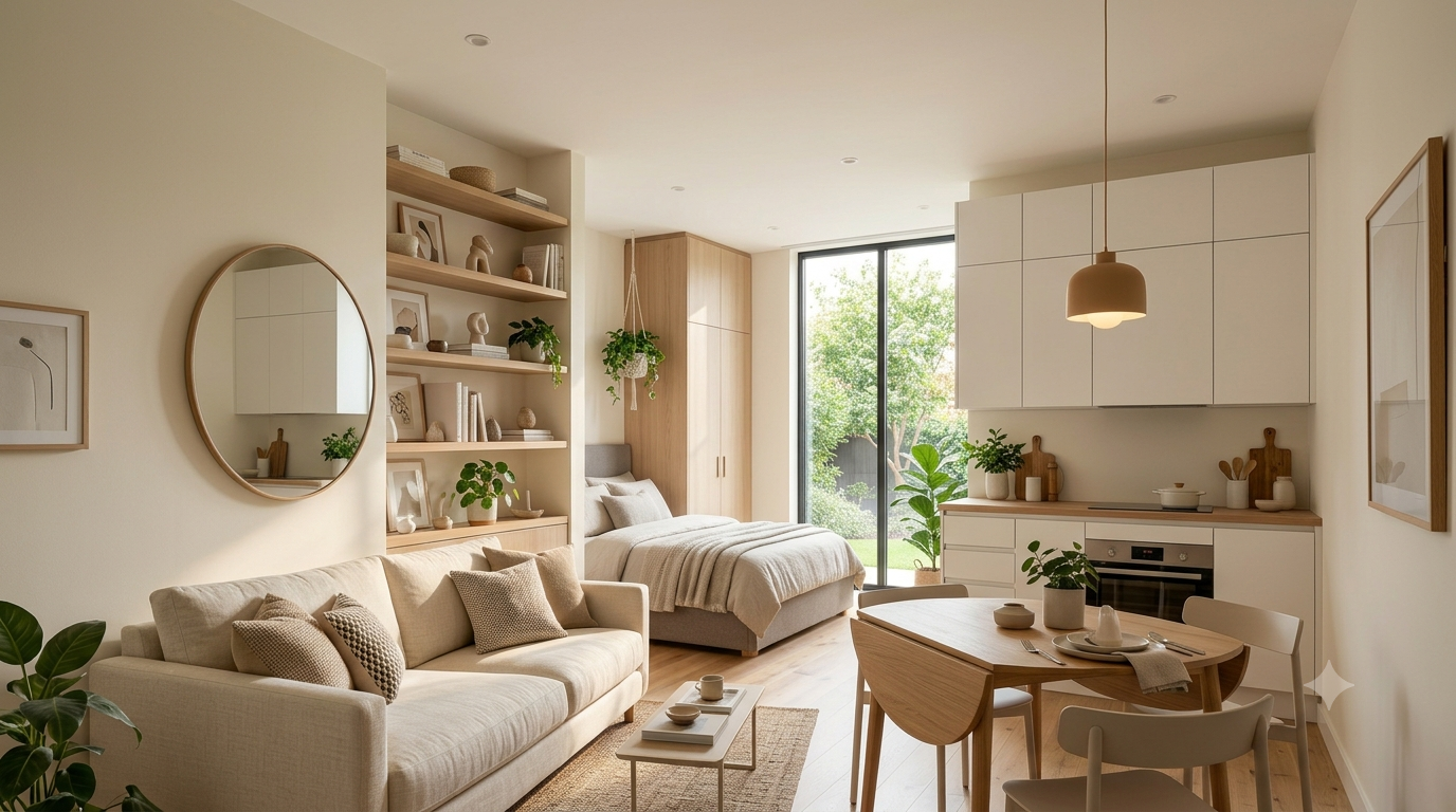 Modern small flat with multifunctional furniture, smart storage solutions, neutral decor, and stylish space-saving interior design ideas.