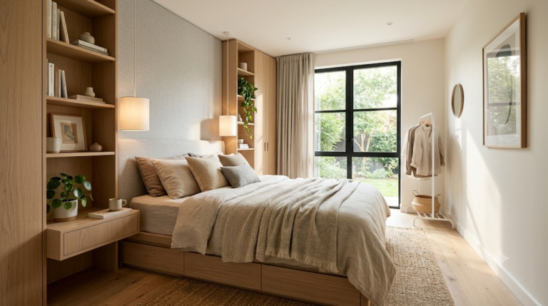 Small Bedroom Ideas: Modern compact bedroom with built-in shelving, hidden storage, cozy decor, and minimalist design.