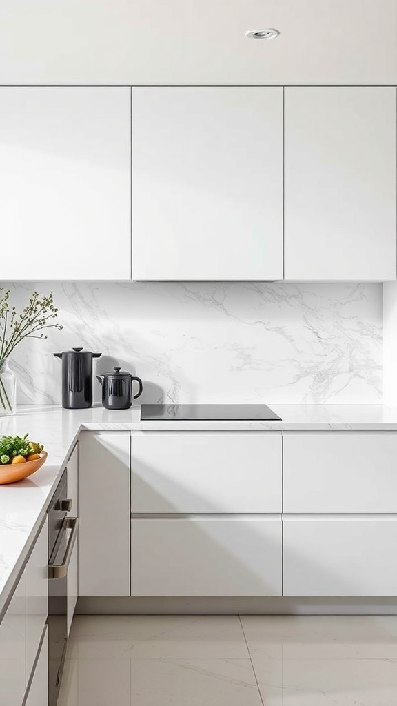 Modern kitchen featuring sleek marble backsplash and white cabinetry.