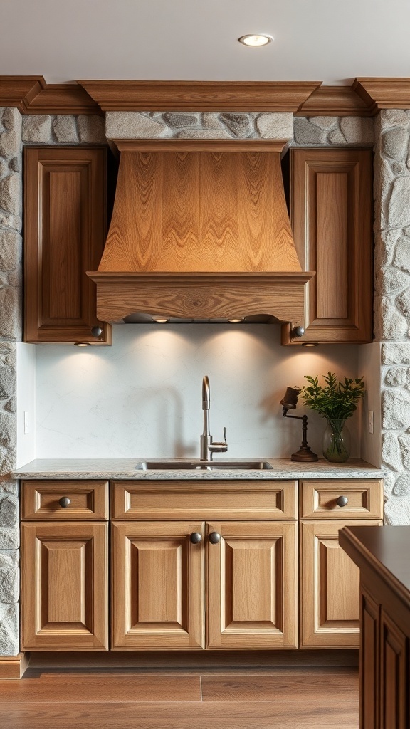 A kitchen featuring elegant stone framing around wooden cabinets and a stylish hood.