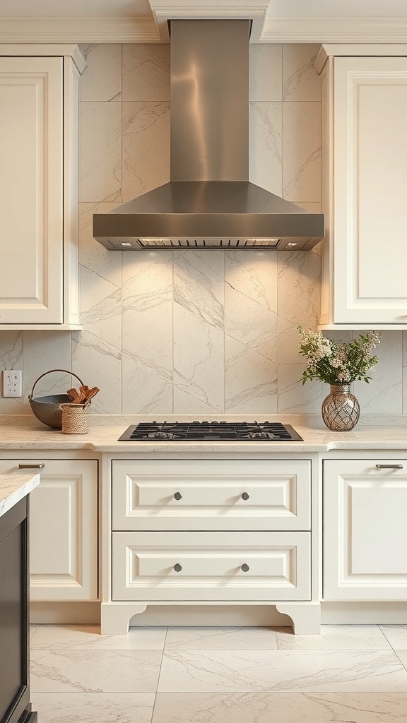 Elegant kitchen with travertine backsplash and modern appliances.