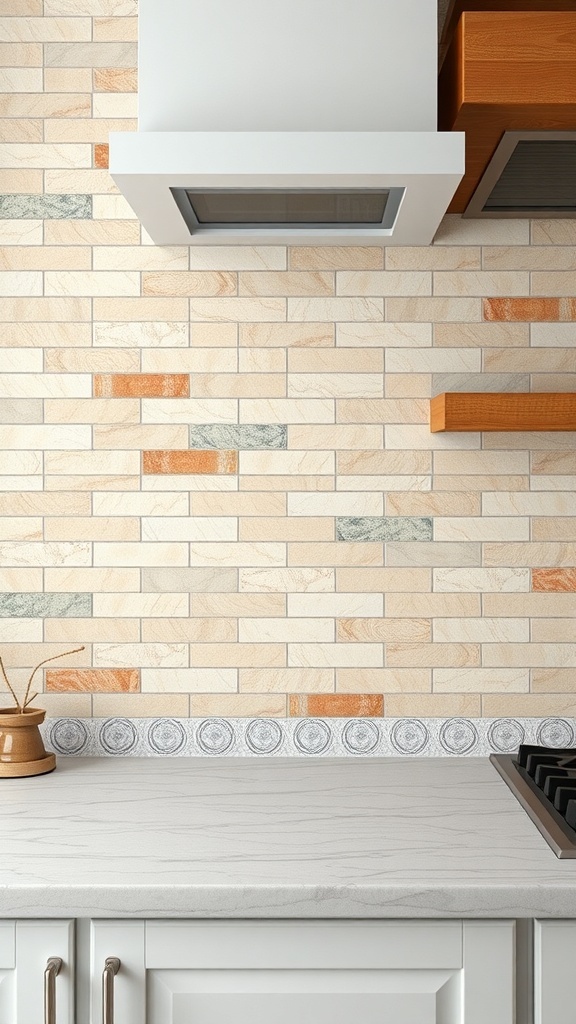 A stylish kitchen with a natural stone backsplash featuring varying colors and textures, complemented by grayish colored grout.