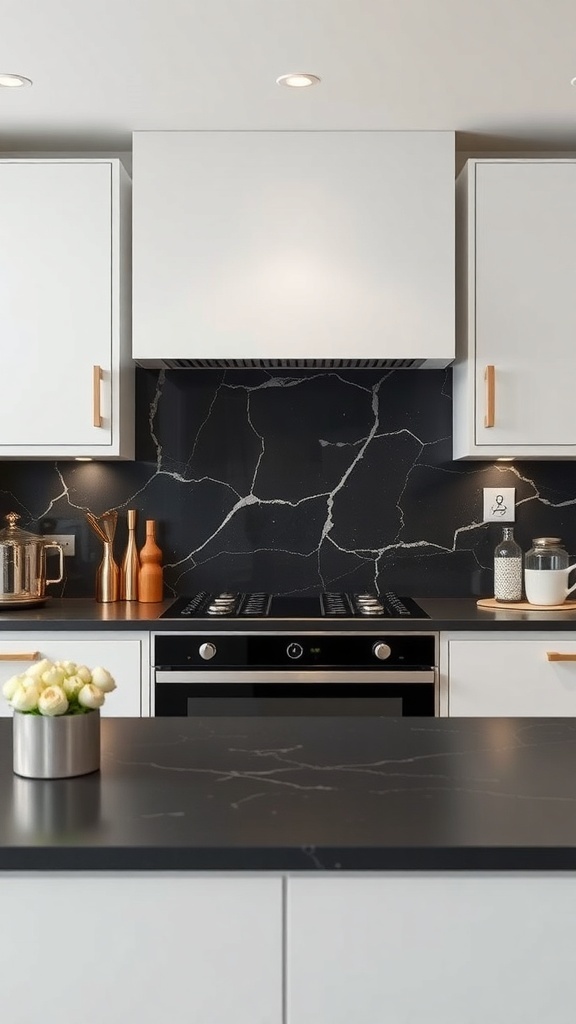 A modern kitchen featuring a black soapstone backsplash with white cabinets and stylish decor