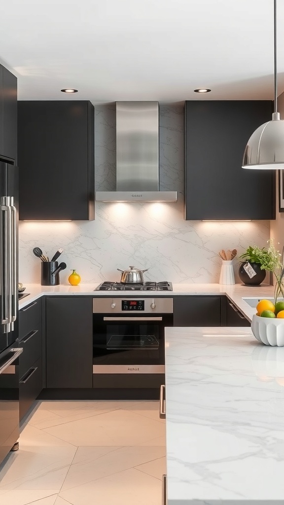 Modern kitchen featuring seamless quartz integration between countertop and backsplash