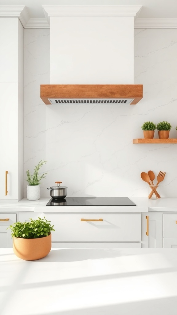 A modern kitchen featuring bright white limestone backsplash with wooden accents and plants.