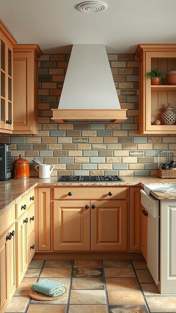 A kitchen with vintage inspired stone backsplash tiles in warm tones.