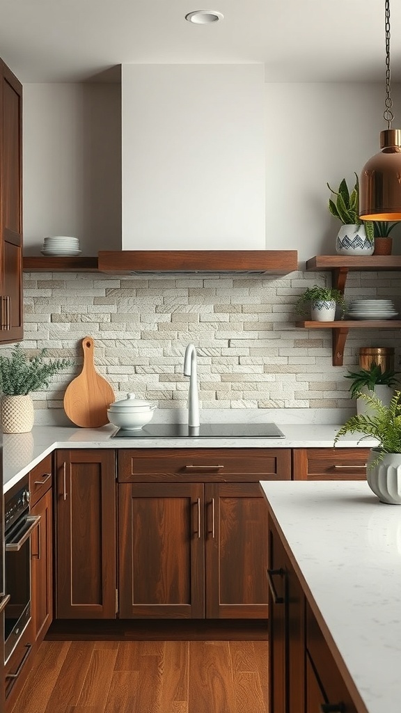 Eco-friendly kitchen with recycled stone backsplash and wooden cabinets