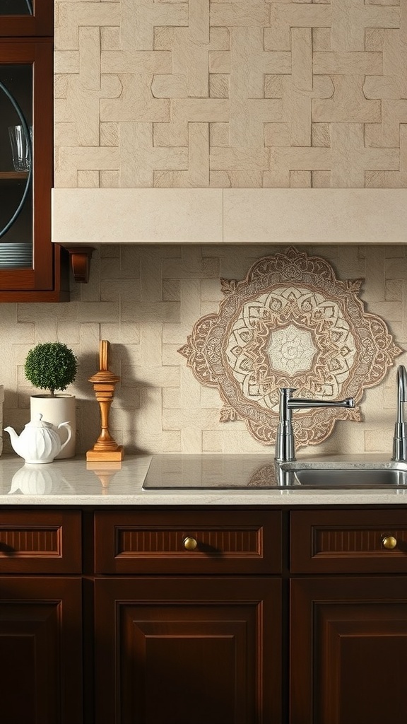 Kitchen backsplash featuring intricate stone inlays with a warm wood cabinet setup