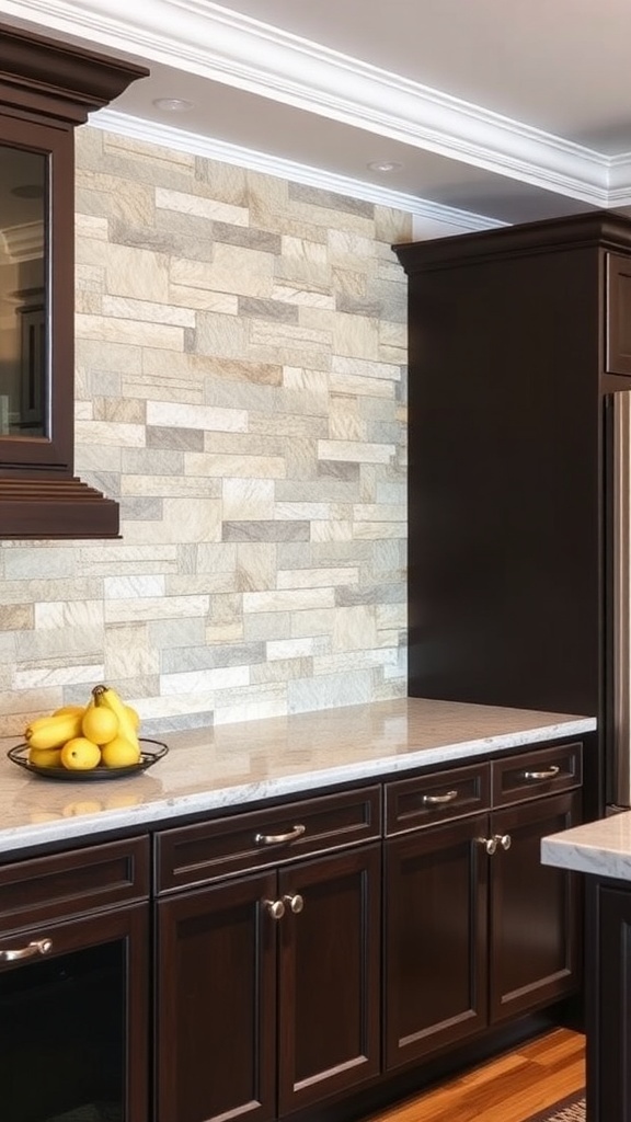 A kitchen with a transitional stone backsplash featuring light-toned stones complemented by dark cabinetry.