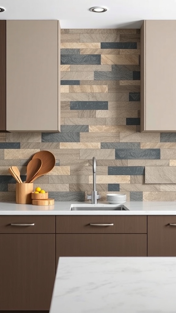A modern kitchen featuring a stone backsplash with contrasting dark and light stones.