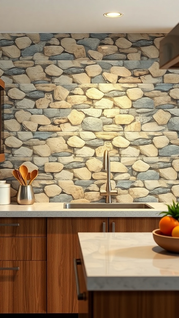 Kitchen backsplash featuring a textured river rock design.