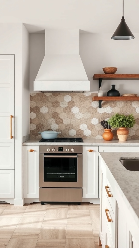 A modern kitchen with a handcrafted hexagonal tile backsplash in warm tones.