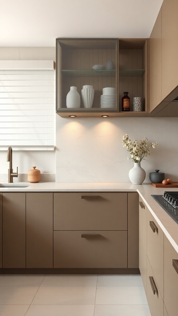 Modern kitchen with soft colored quartzite backsplash and light wood cabinetry