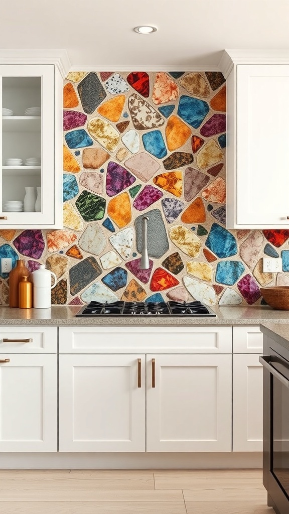 Vibrant gemstone patterned stone backsplash in a modern kitchen