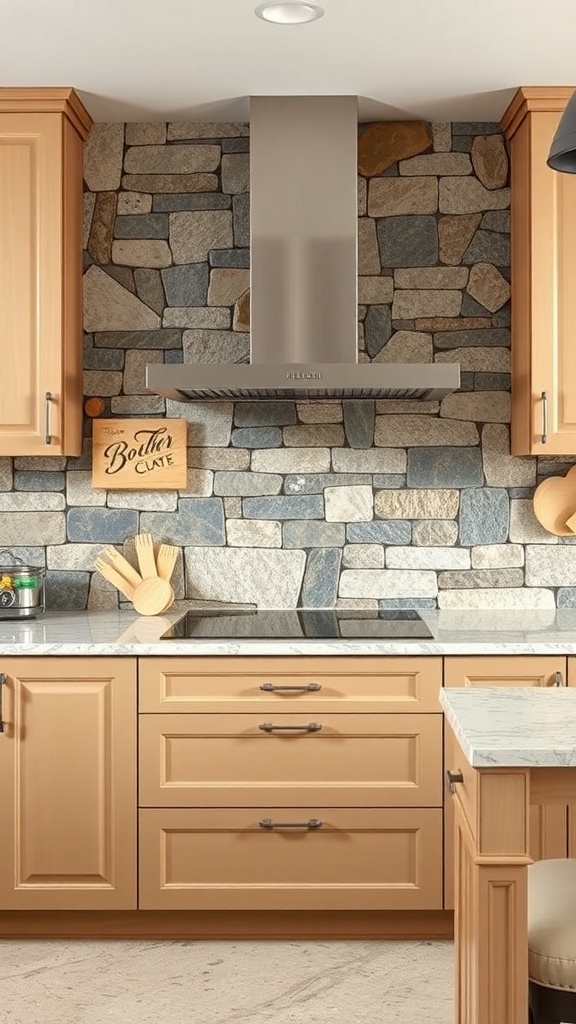 A stylish kitchen featuring a unique stone backsplash with various shapes and sizes of stones.