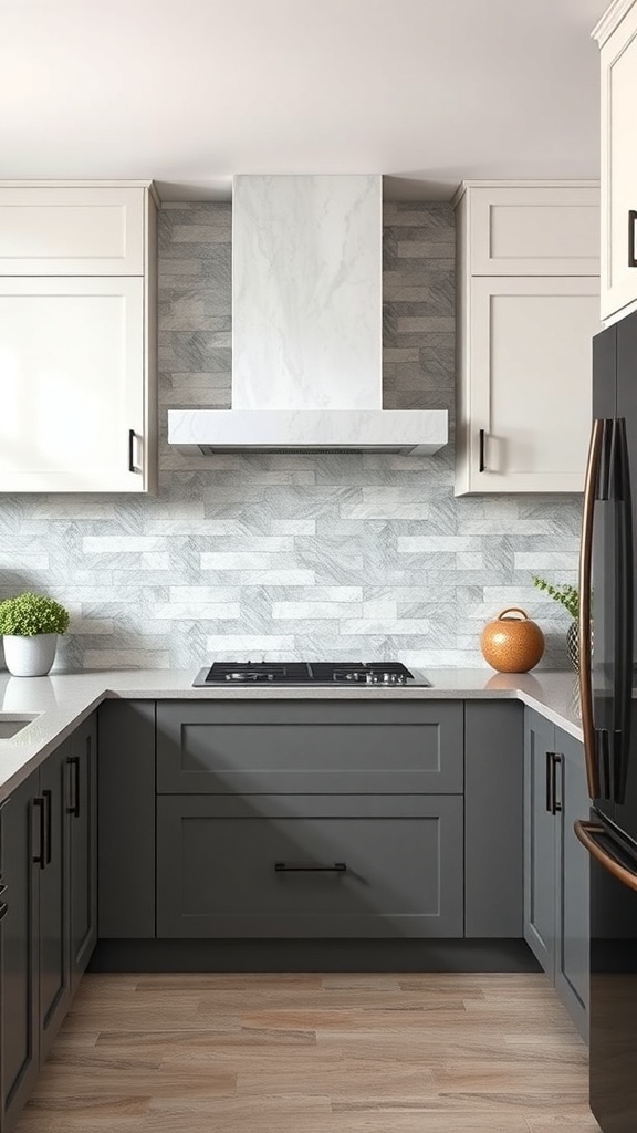 Stylish geometric stone backsplash in a modern kitchen with gray cabinets and light counter.