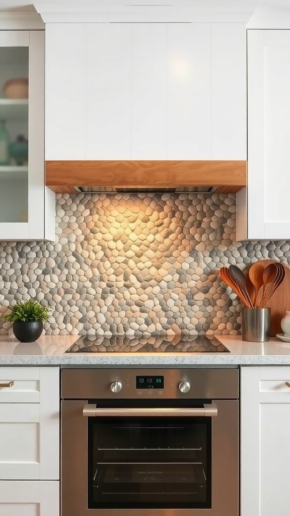 A kitchen with a pebble mosaic backsplash in gray and beige tones, complemented by white cabinetry and wooden accents.