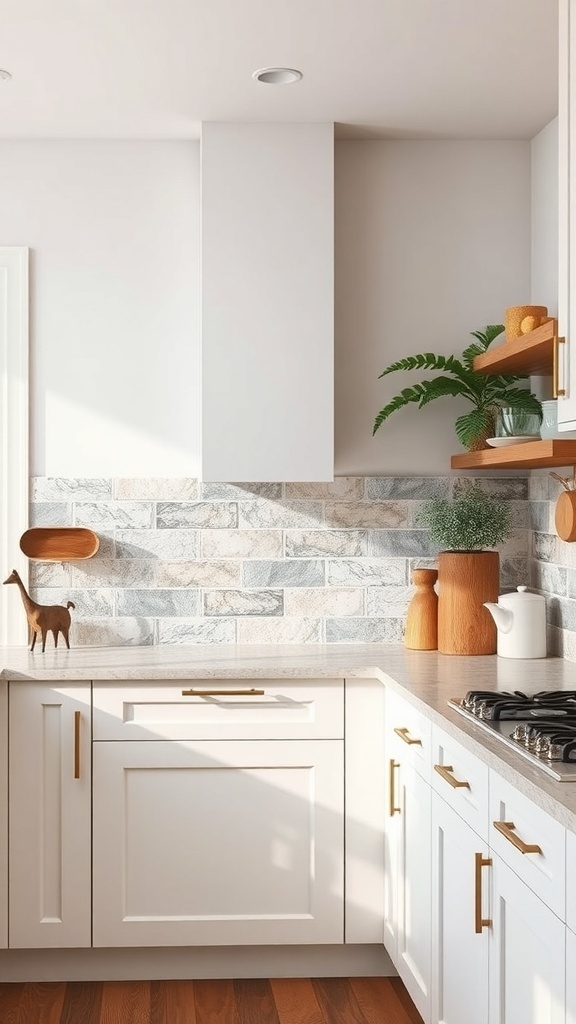 A kitchen with an outdoor-inspired stone backsplash, featuring natural tones and elegant design.