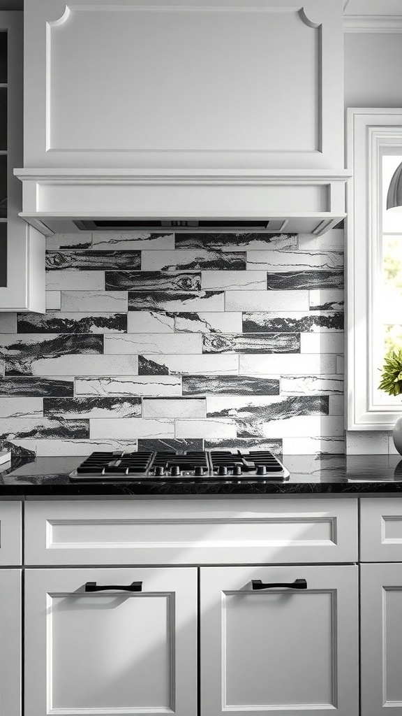 A kitchen with a black and white stone backsplash featuring swirling patterns, sleek white cabinets, and a black countertop.