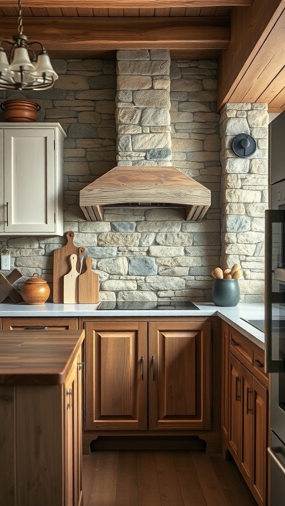 A cozy kitchen featuring a rustic natural stone backsplash and wooden cabinetry.