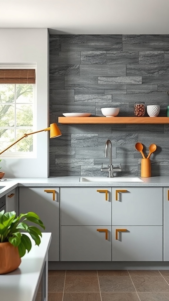 A modern kitchen featuring textured slate backsplash and orange accents.