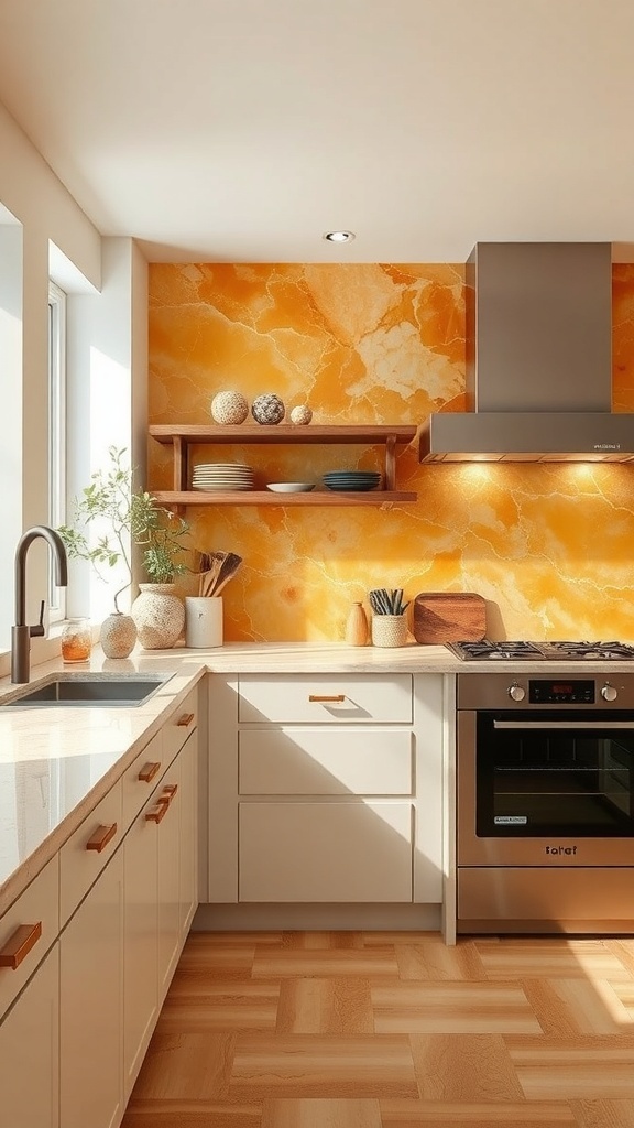 A modern kitchen with a warm honey onyx backsplash, featuring white cabinetry and open shelves.