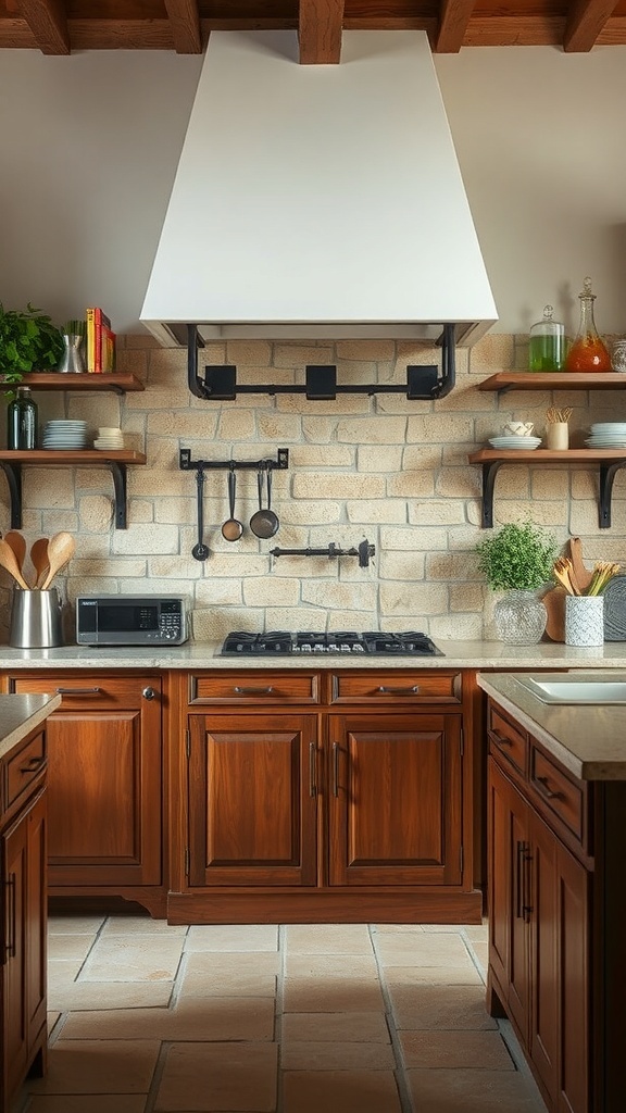 Rustic kitchen with flagstone backsplash and wooden cabinets