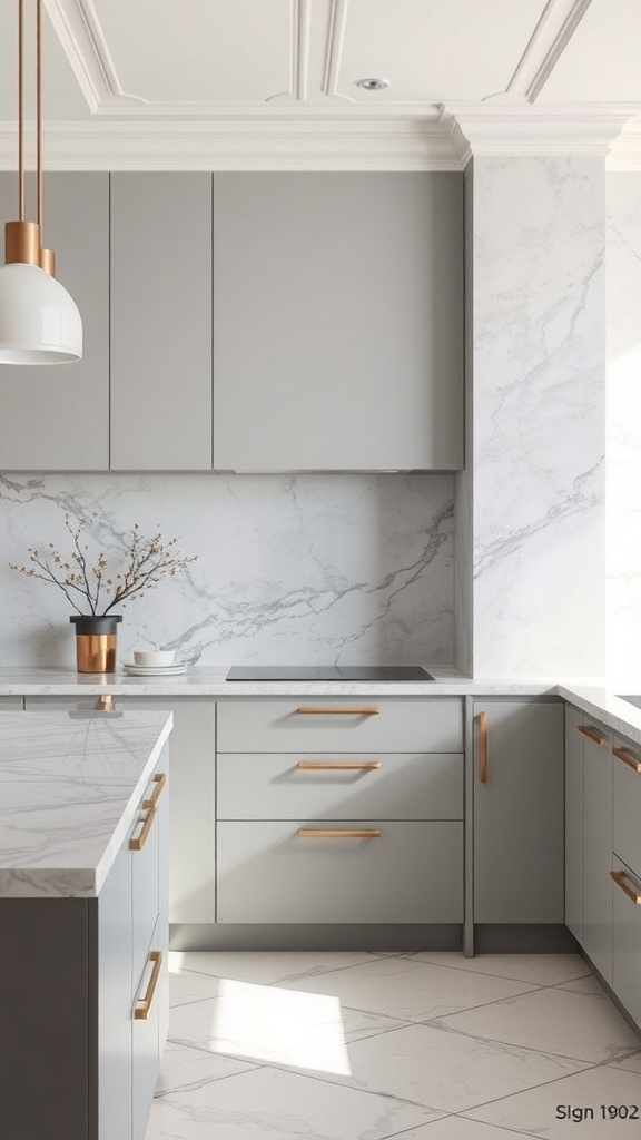 A modern kitchen featuring a grey marble backsplash with elegant veining and minimalistic cabinetry