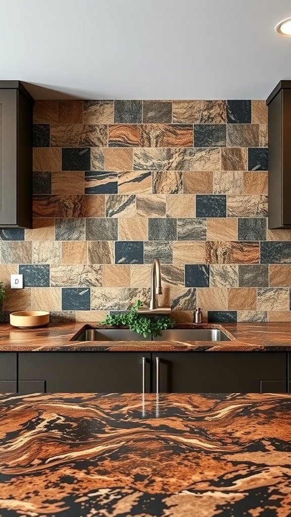 A kitchen featuring a bold granite backsplash and matching countertops, demonstrating a modern design with warm tones.