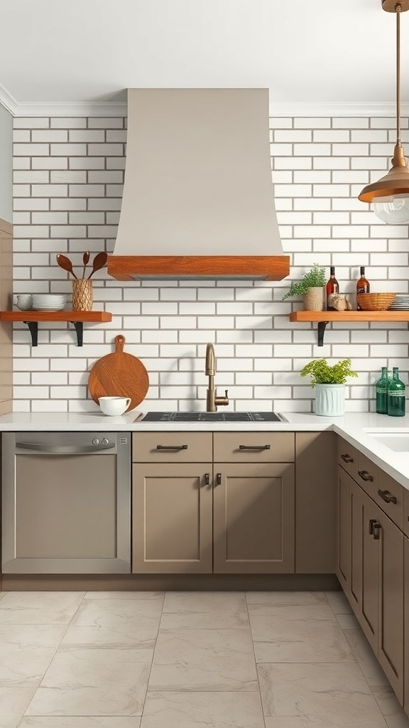 A modern kitchen featuring classic subway stone tiles as a backsplash with wooden shelves and warm cabinetry.